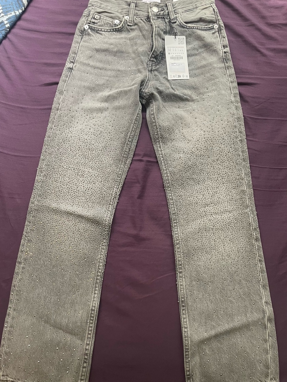 Zara Grey Rhinestone Mid-Rise Straight-Leg Jeans